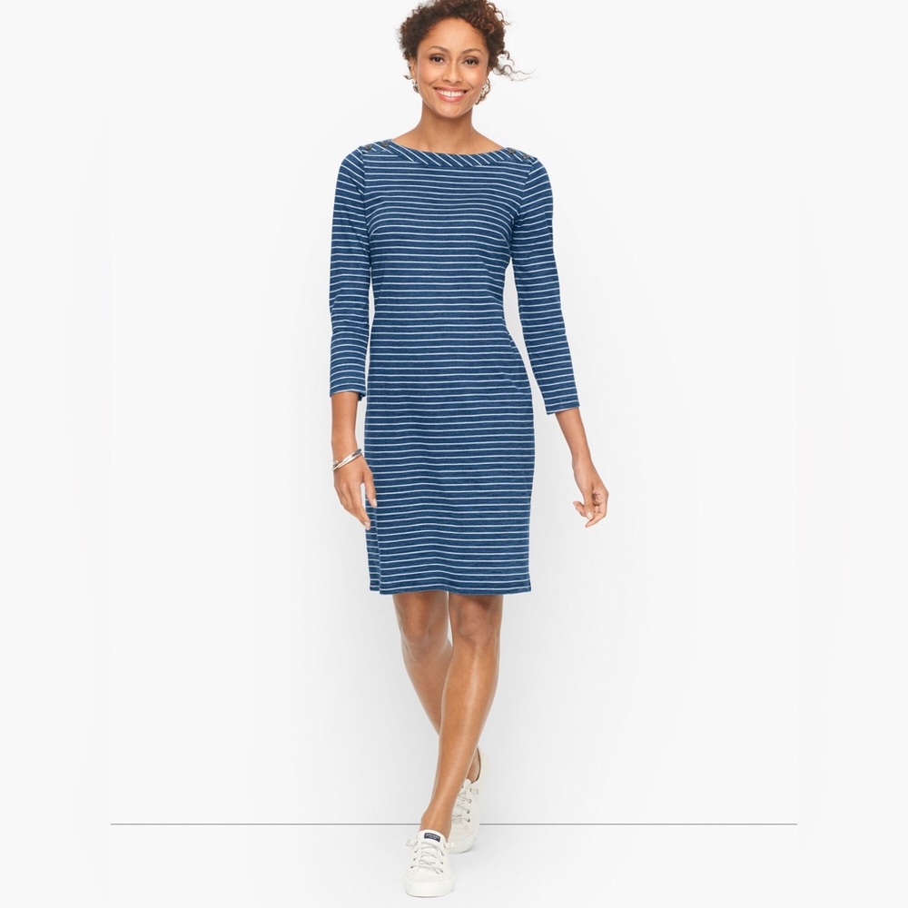 Talbots Cotton Jersey Shift Dress Nautical Stripe Size Medium Navy White Striped